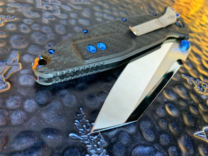 Marfione Custom Socom Elite Warcom, Mirror Polished, Carbon fiber Scales, Blue and flamed Titanium Accents