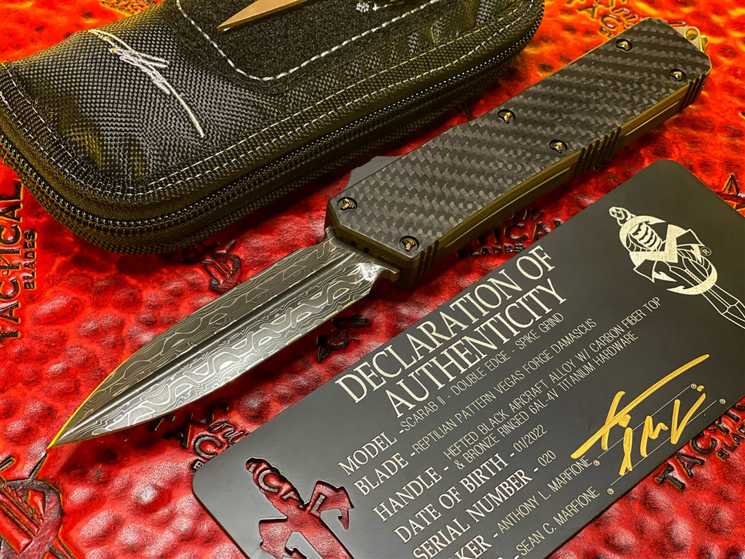 Marfione Custom Knives Scarab II Double Edge, Reptilian Pattern Vegas Forge, Carbon Fiber Top Hefted Aluminum w/ Bronze Ringed Titanium Ringed Accents