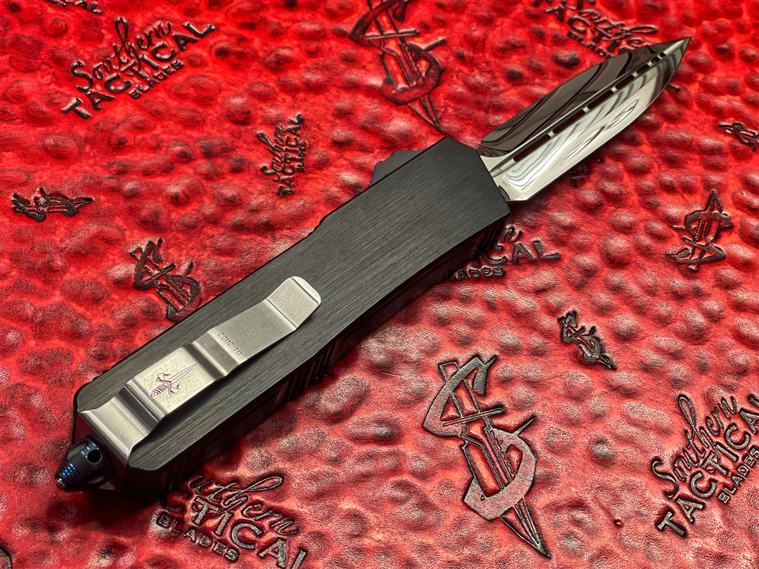 Marfione Custom Knives Scarab II Double Edge, Mirror Polished, Hefted Aluminum w/ Blue Ringed Titanium Accents