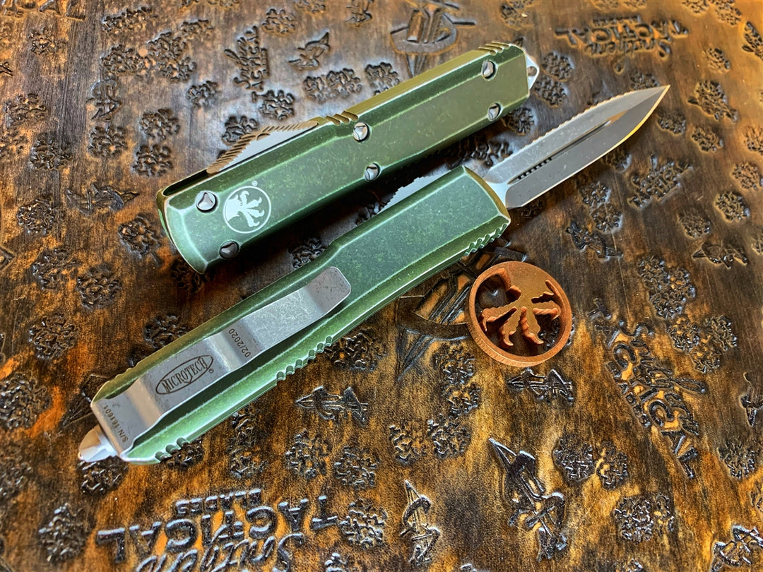 Microtech Ultratech Double Edge Full Serrated Apocalyptic Distressed OD Green