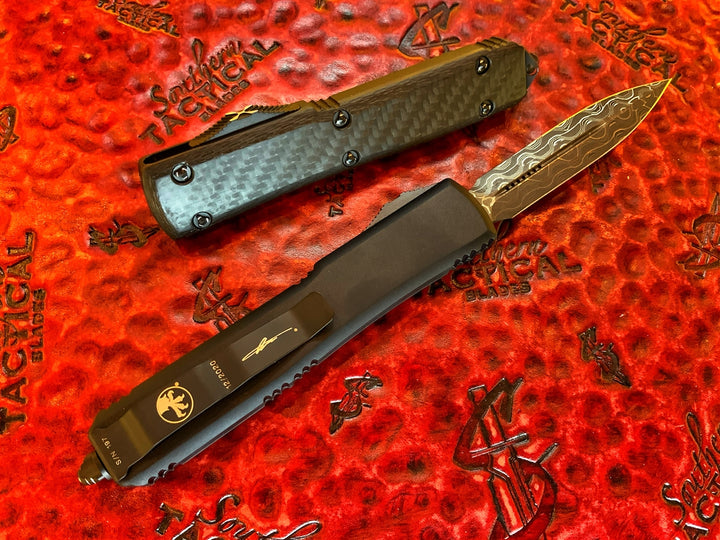 Microtech Ultratech Double Edge Damascus, Carbon Fiber Top, Ringed Hardware Signature Series