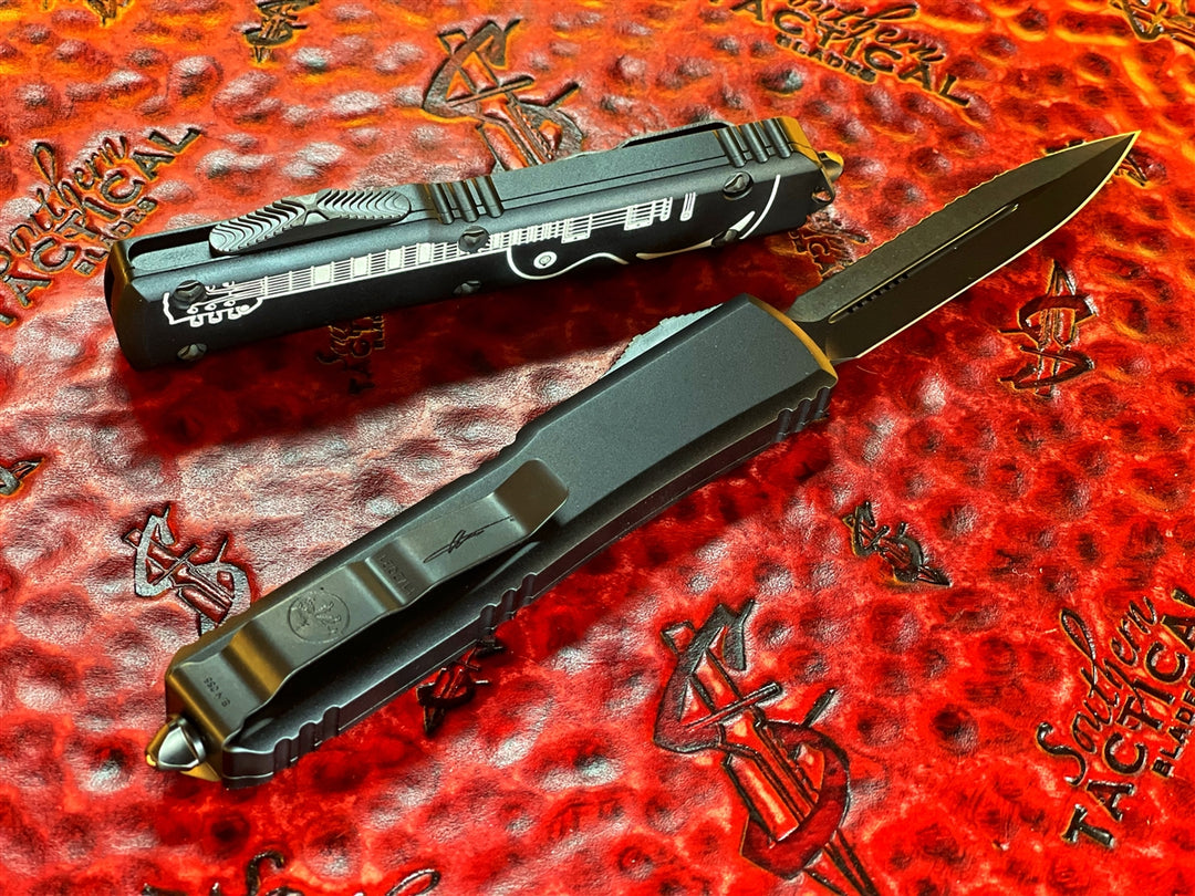 Microtech Ultratech Double Edge, Full Serrated DLC Blade, DLC Accents, NYCKS Edition w/ Deep Engraved Guitar, Signature Series Shadow