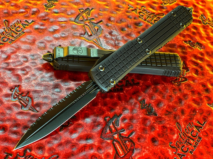 Microtech Ultratech Delta Frag Double Edge Signature Series Shadow Serrated - Fluted Blade, Nickel Boron Internals