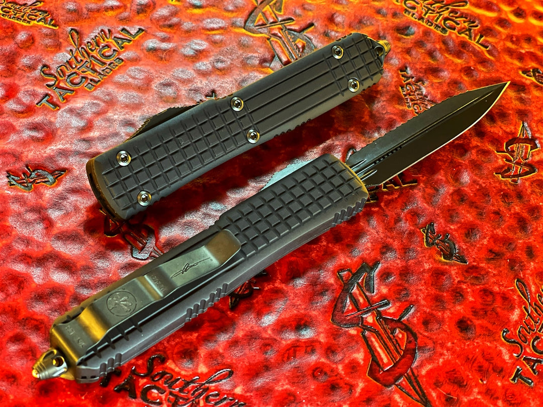 Microtech Ultratech Delta Frag Double Edge Signature Series Shadow Serrated - Fluted Blade, Nickel Boron Internals