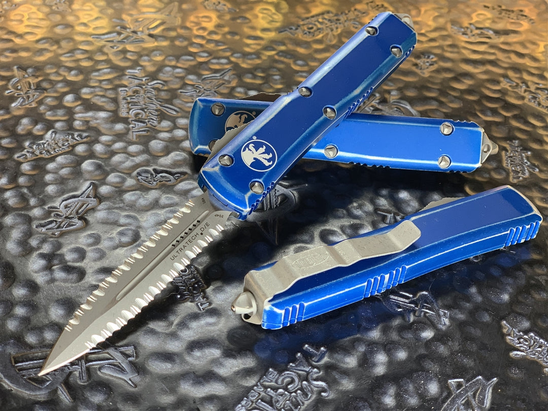 Microtech Ultratech OTF Automatic Knife - Double Edge Double Full Serrated Apocalyptic Distressed Blue