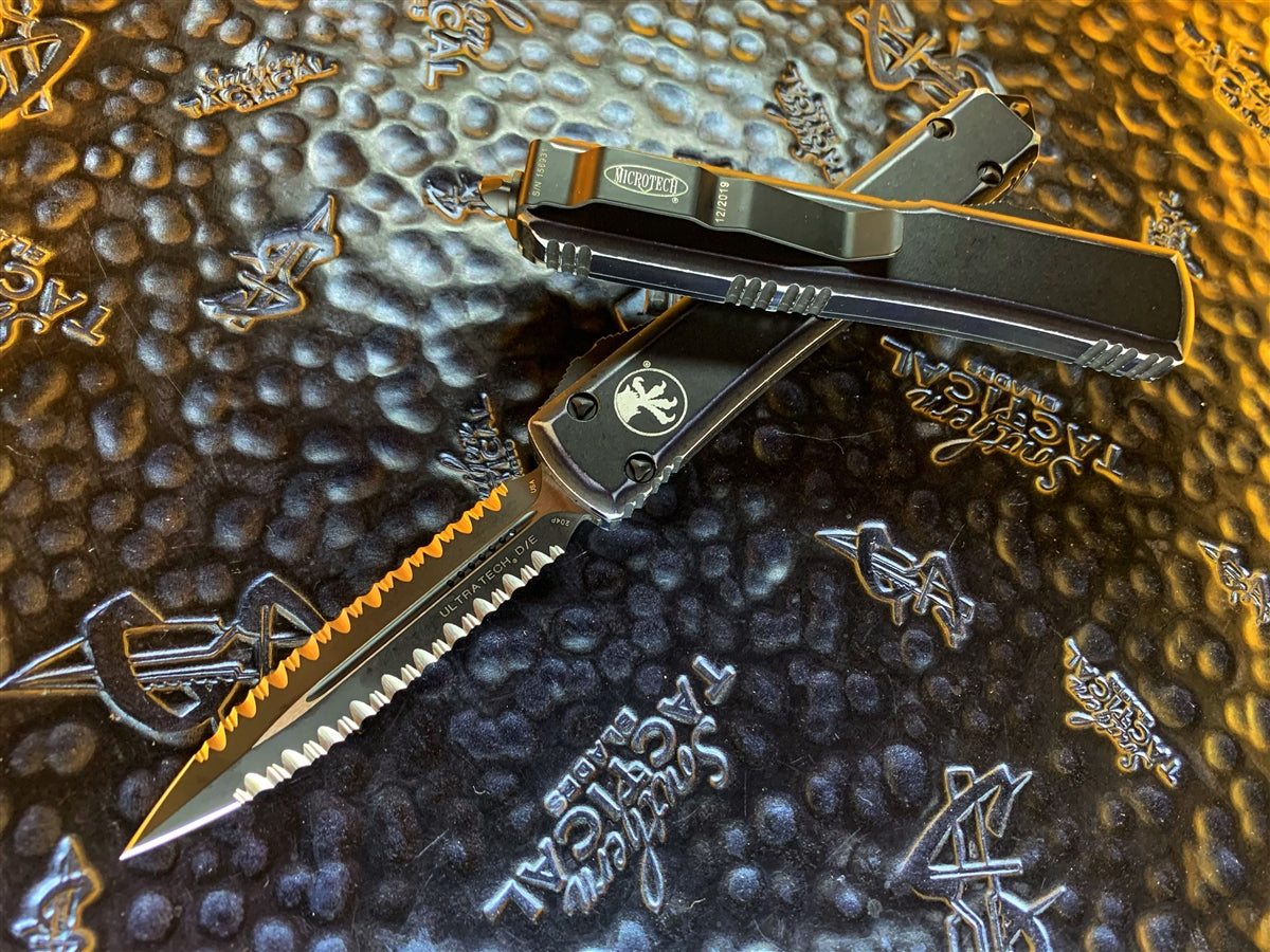 Distressed Microtech Microtech Ultratech Double Edge Double Full Serrated Distressed Black
