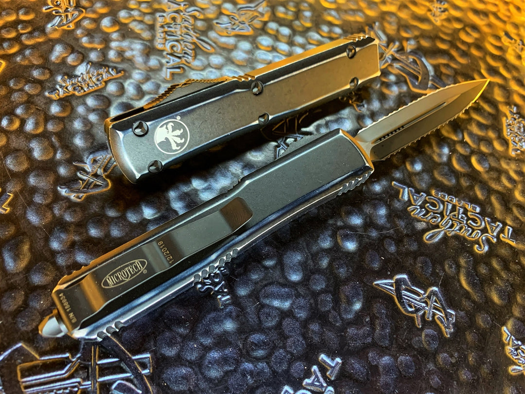 Distressed Microtech Microtech Ultratech Double Edge Double Full Serrated Distressed Black