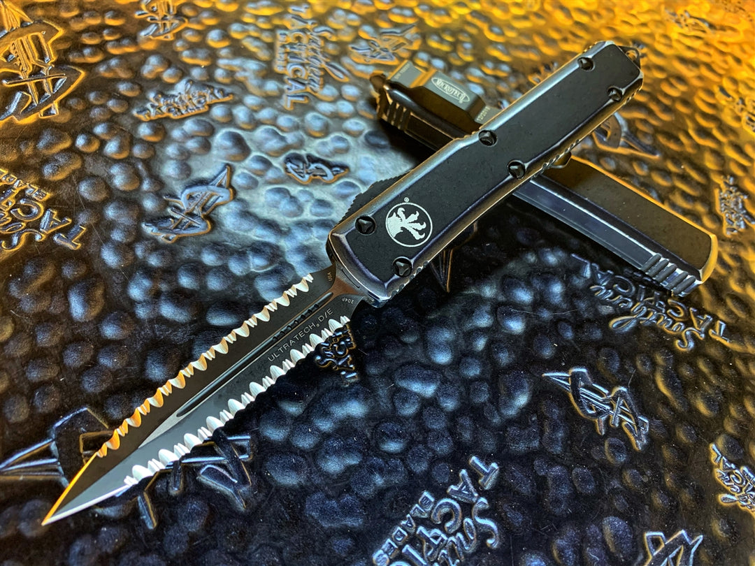 Distressed Microtech Microtech Ultratech Double Edge Double Full Serrated Distressed Black