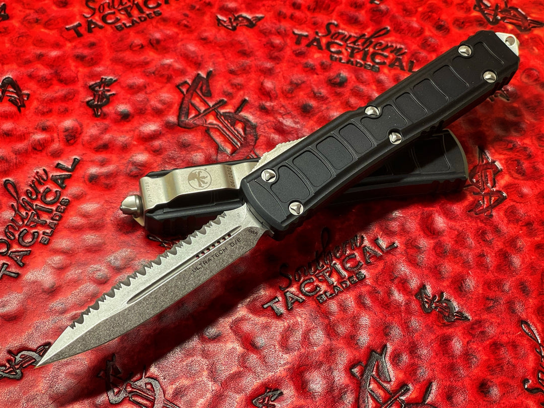 Microtech Ultratech II Stepside Double Edge Full Serrated Stonewash Signature Series