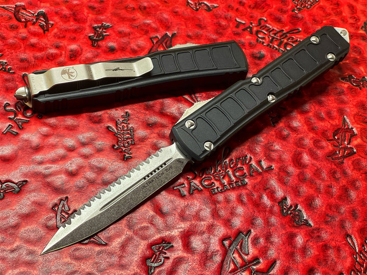Microtech Ultratech II Stepside Double Edge Full Serrated Stonewash Signature Series
