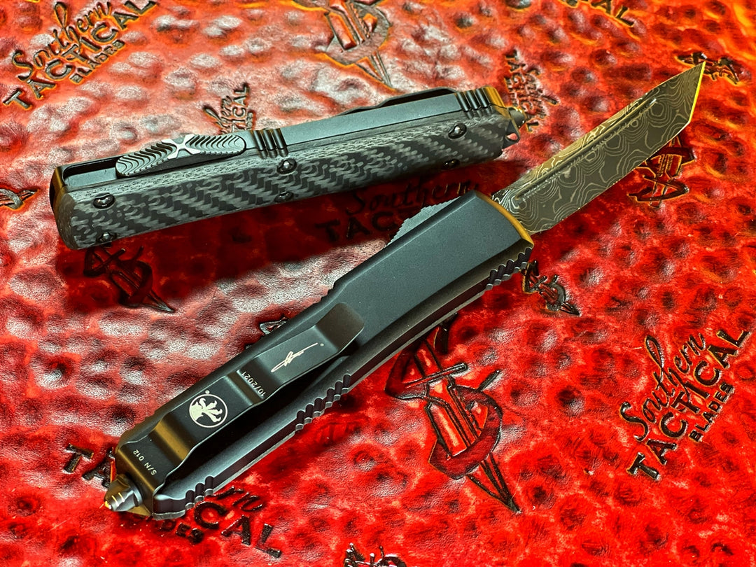 Microtech Ultratech Tanto Edge Damascus, Carbon Fiber Top, Ringed Hardware Signature Series
