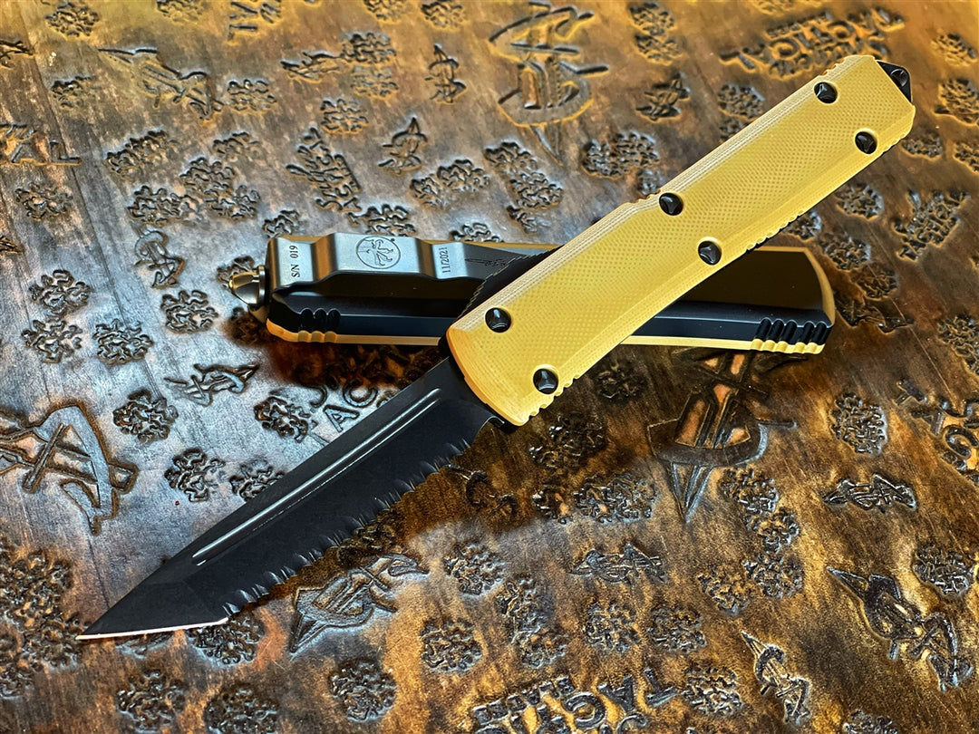 Microtech Ultratech Tanto G10 Top Signature Series Tan OTF Automatic Knife -  DLC Full Serrated Blade, DLC Hardware