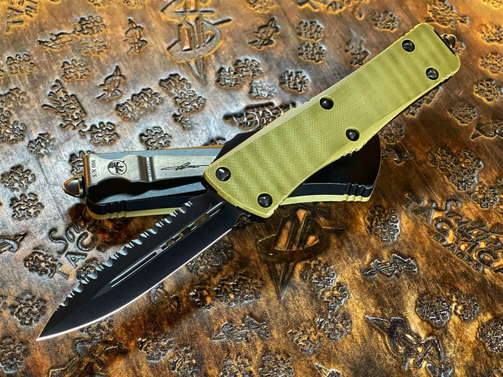 Microtech Troodon Double Edge Full Serrated DLC Blade, DLC Accents, OD Green G10 Top Signature Series