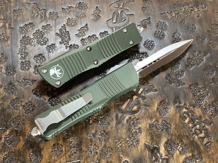 Microtech Troodon Double Edge Satin Part Serrated OD Green