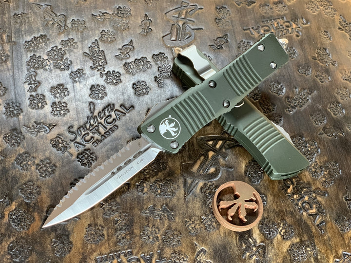 Microtech Troodon Double Edge Satin Full Serrated OD Green