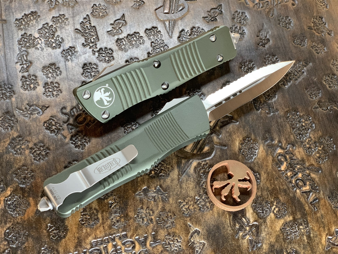 Microtech Troodon Double Edge Satin Full Serrated OD Green