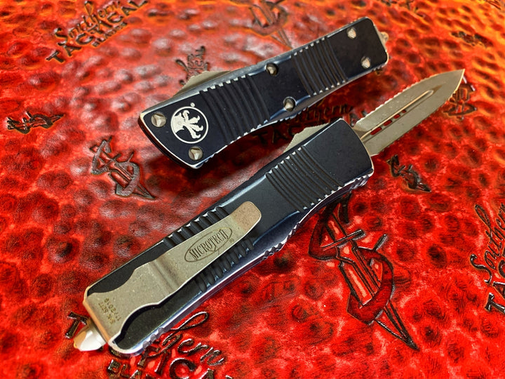 Microtech Troodon Double Edge Stonewashed Double Full Serrated Distressed Black