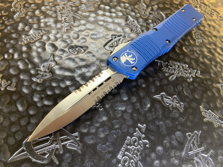 Microtech Combat Troodon Double Edge Satin Part Serrated Blue