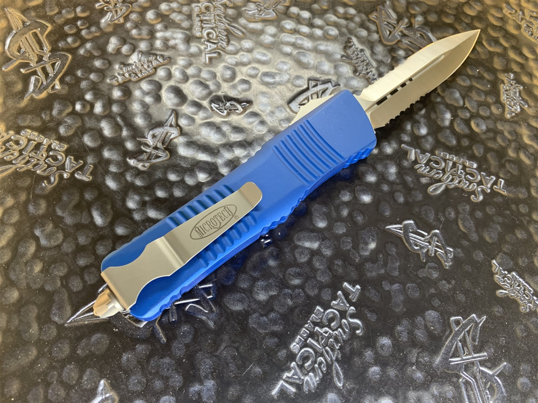 Microtech Combat Troodon Double Edge Satin Part Serrated Blue