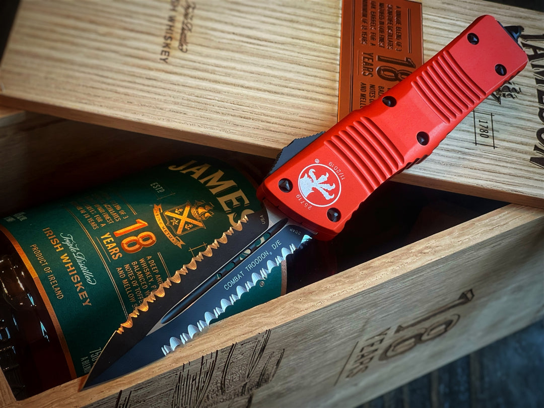 Microtech Combat Troodon OTF Automatic Knife  Double Edge Double Full Serrated Blade Orange Anodized Chassis