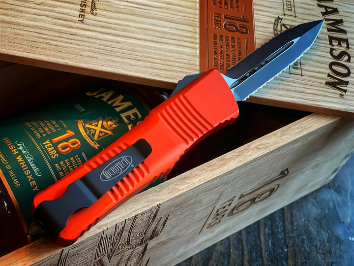Microtech Combat Troodon OTF Automatic Knife  Double Edge Double Full Serrated Blade Orange Anodized Chassis
