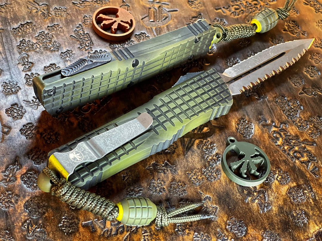 Microtech Combat Troodon Double Reverse Full Serrated Apocalyptic “Frag Off” Grenade Green