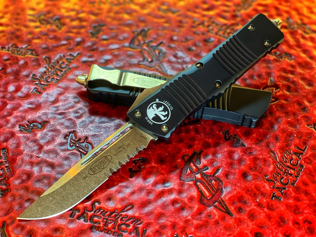Microtech Combat Troodon OTF Automatic Knife Single Edge Part Serrated Bronze