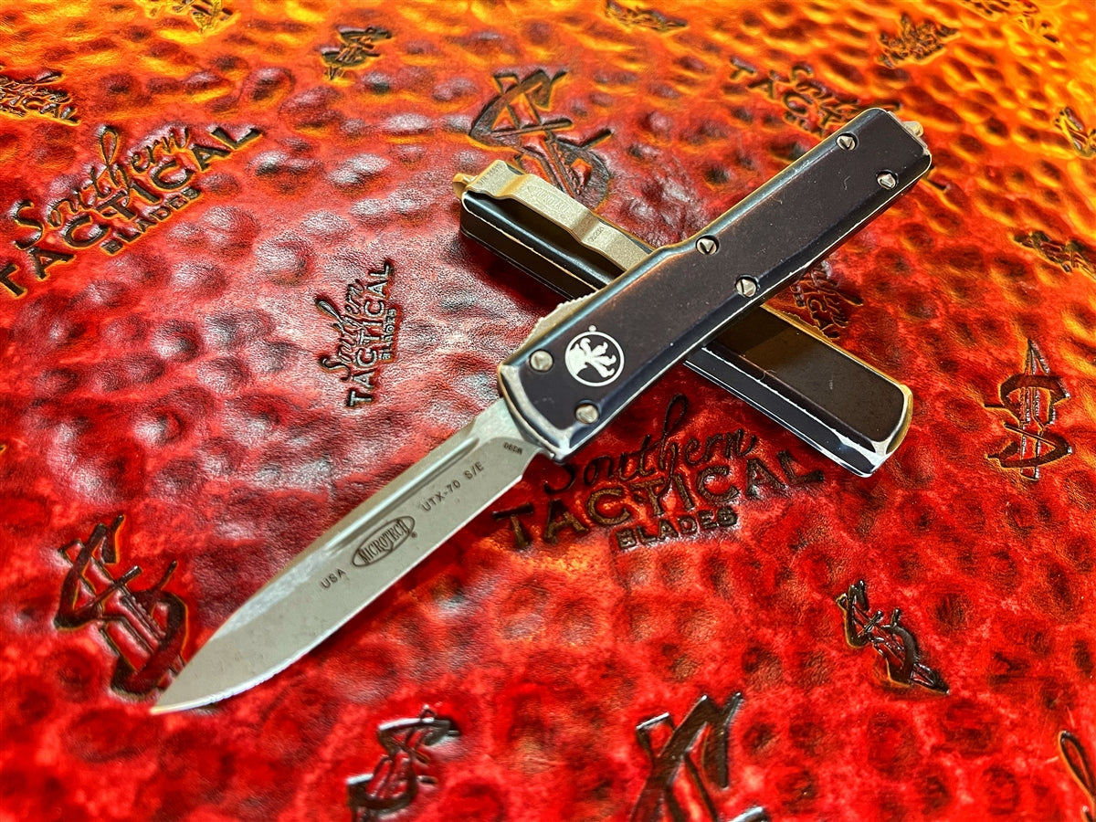 Microtech UTX-70 Single Edge Apocalyptic Standard Distressed Black ...