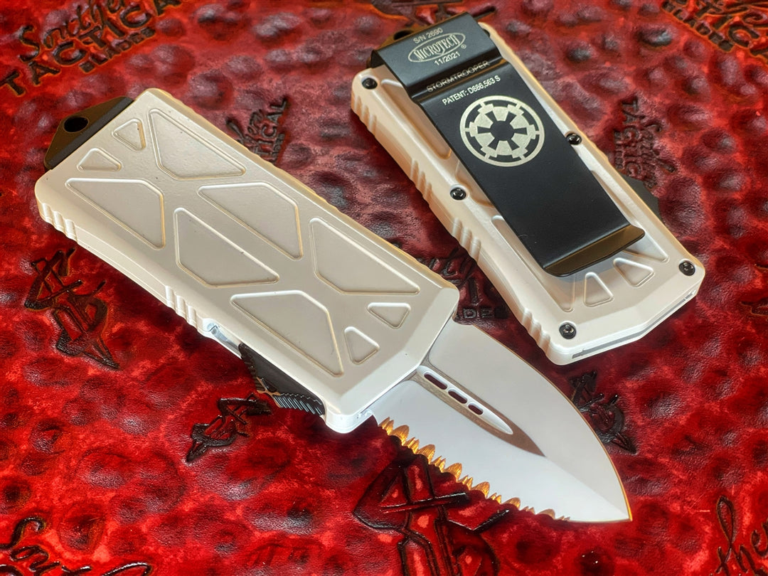 Microtech Exocet OTF Automatic Knife Double Edge StormTrooper Full Serrated Cali Legal OTF Knife