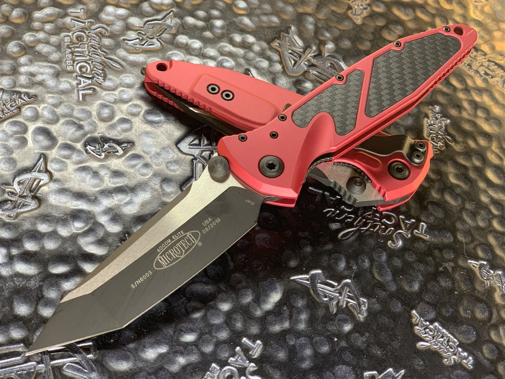 Microtech Socom Elite Manual Tanto Standard Red w/ Carbon Fiber Inlay