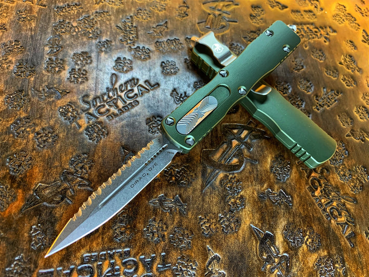 Microtech Dirac Double Edge Full Serrated Stonewashed OD Green