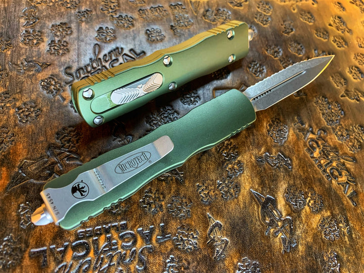Microtech Dirac Double Edge Full Serrated Stonewashed OD Green