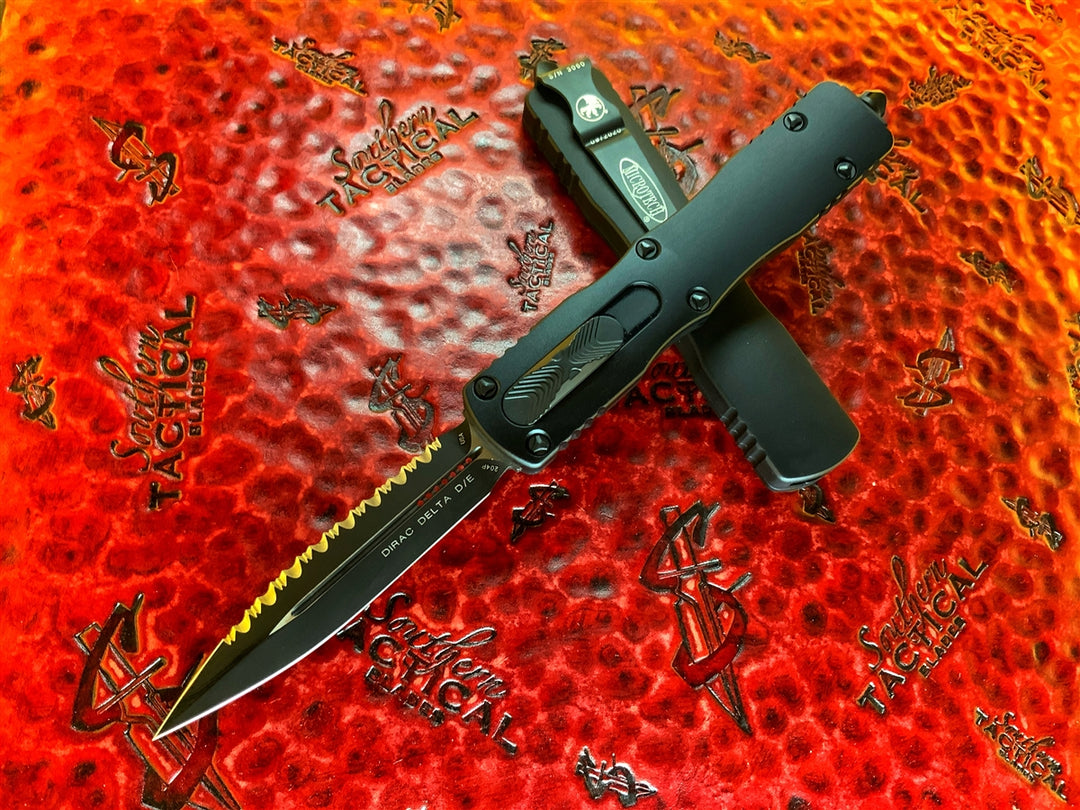 Microtech Dirac Gold Microtech Dirac Delta Double Edge Full Serrated Tactical