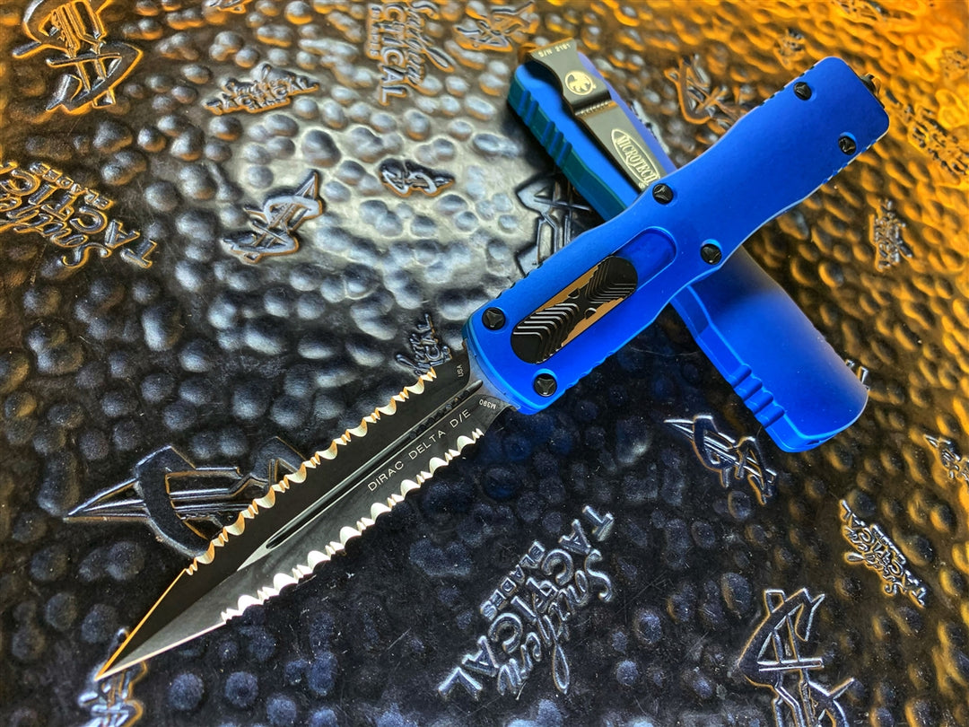 Microtech Dirac Delta Double Edge Double Full Serrated Blue