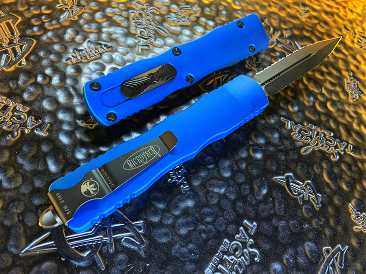 Microtech Dirac Delta Double Edge Double Full Serrated Blue