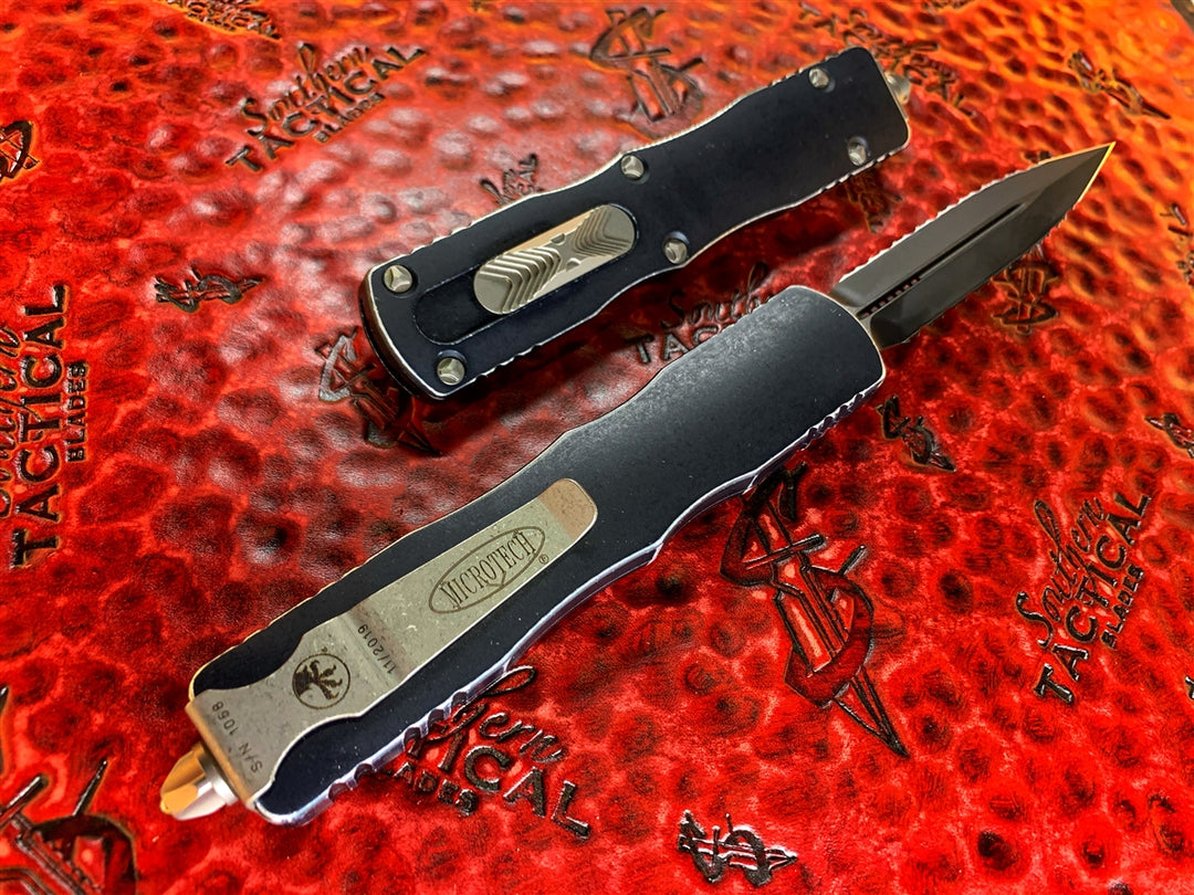 Microtech Dirac Delta Double Edge Double Full Serrated Distressed Black