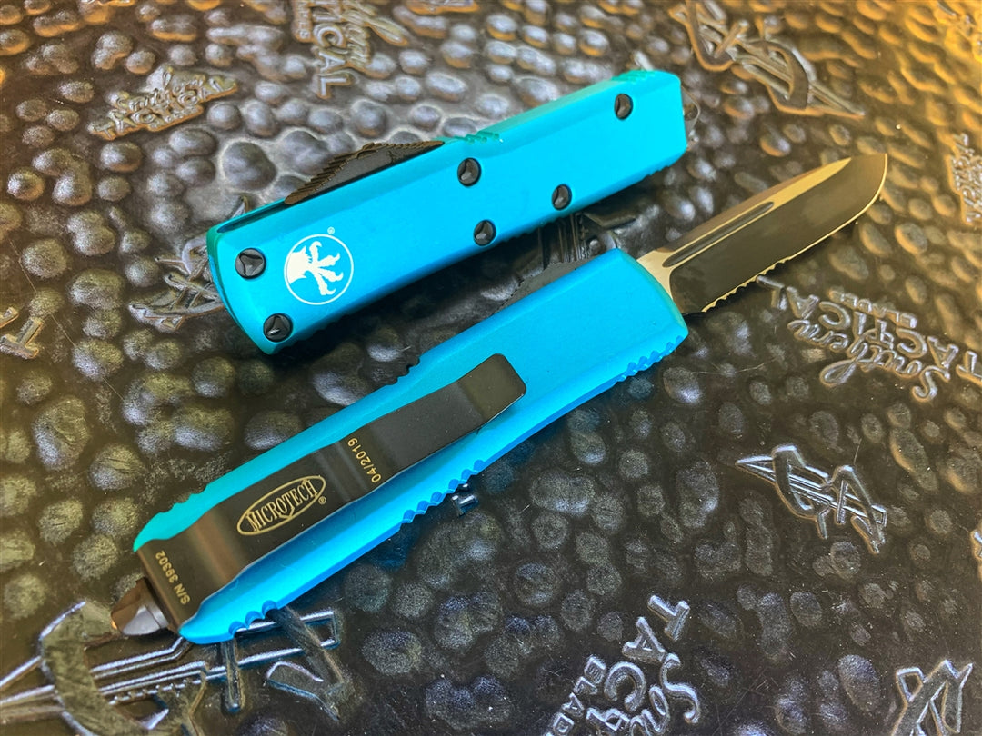 Microtech UTX-85 Single Edge Part Serrated Turquoise