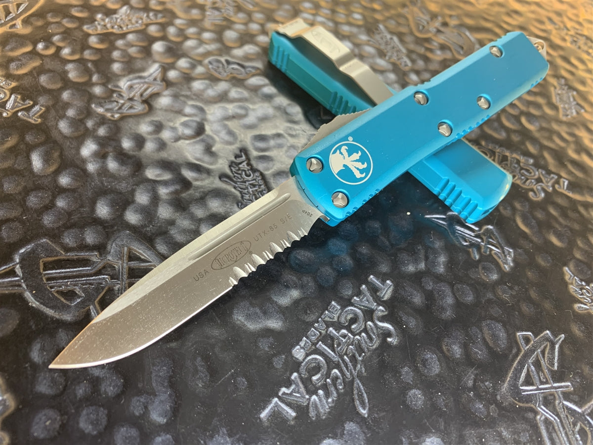 Microtech UTX-85 Single edge Satin Part Serrated Turquoise