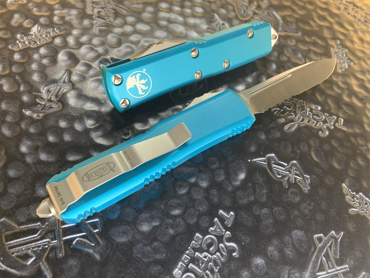 Microtech UTX-85 Single edge Satin Part Serrated Turquoise