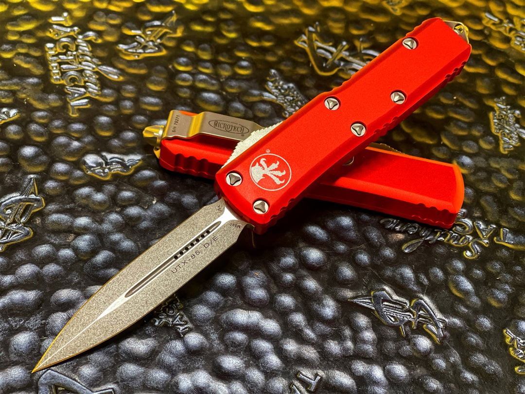 Microtech UTX85 Red D/E Standard OTF Automatic Knife Double Edge Stonewashed