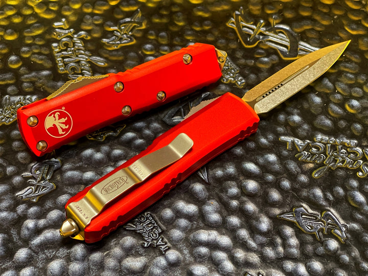 Microtech UTX85 Red D/E Standard OTF Automatic Knife Double Edge Stonewashed