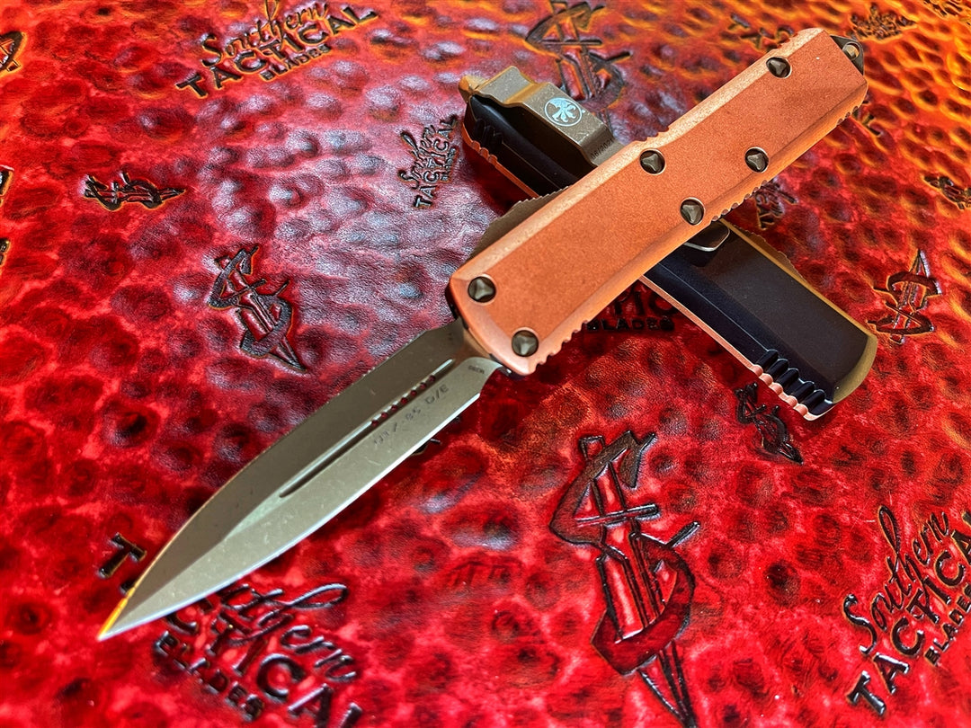 Microtech UTX-85 Double Edge Bronzed Apocalyptic Standard Copper Top Signature Series
