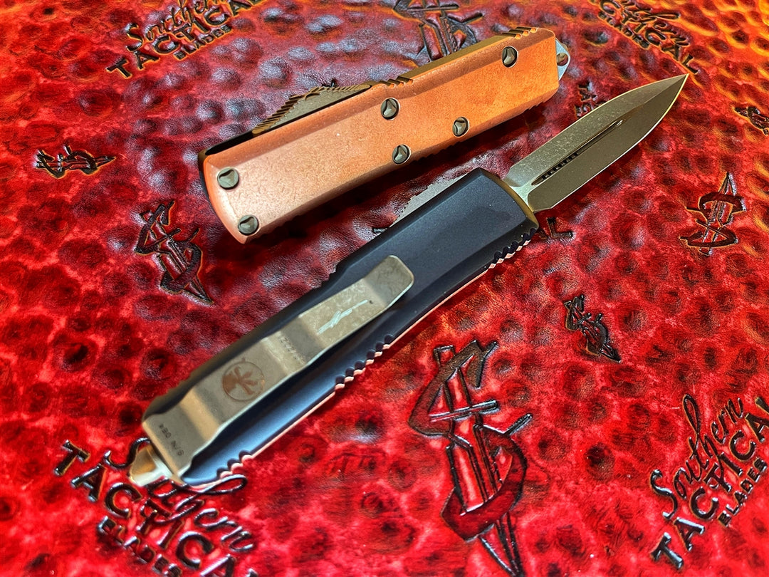Microtech UTX-85 Double Edge Bronzed Apocalyptic Standard Copper Top Signature Series