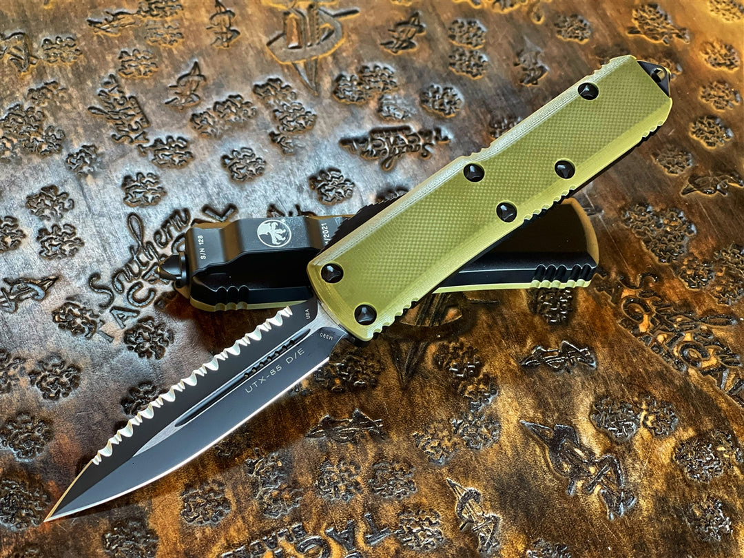 Microtech UTX-85 Double Edge Full Serrated G10 OD Green Top