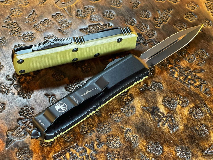 Microtech UTX-85 Double Edge Full Serrated G10 OD Green Top