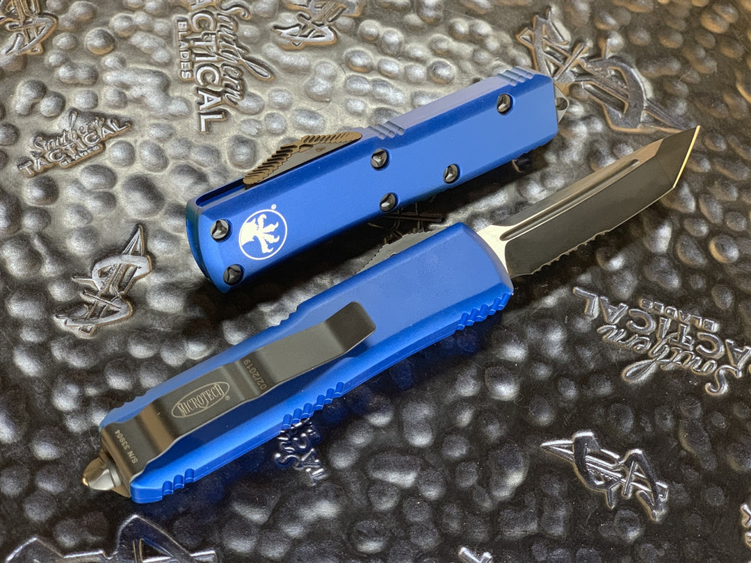 Microtech UTX85 Tanto Part Serrated Blue