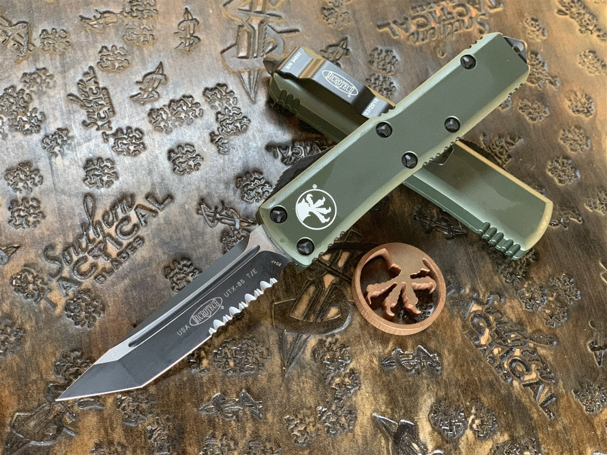 Microtech UTX85 Tanto Part Serrated OD Green – SouthernBlades