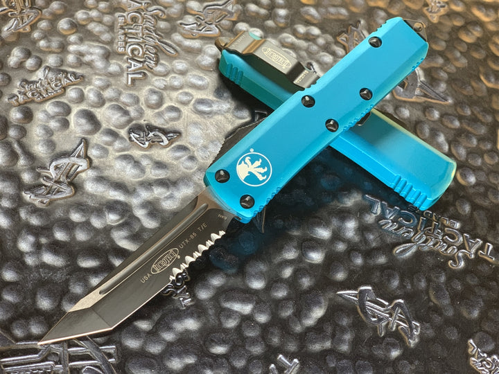 Microtech UTX85 Tanto Part Serrated Turquoise
