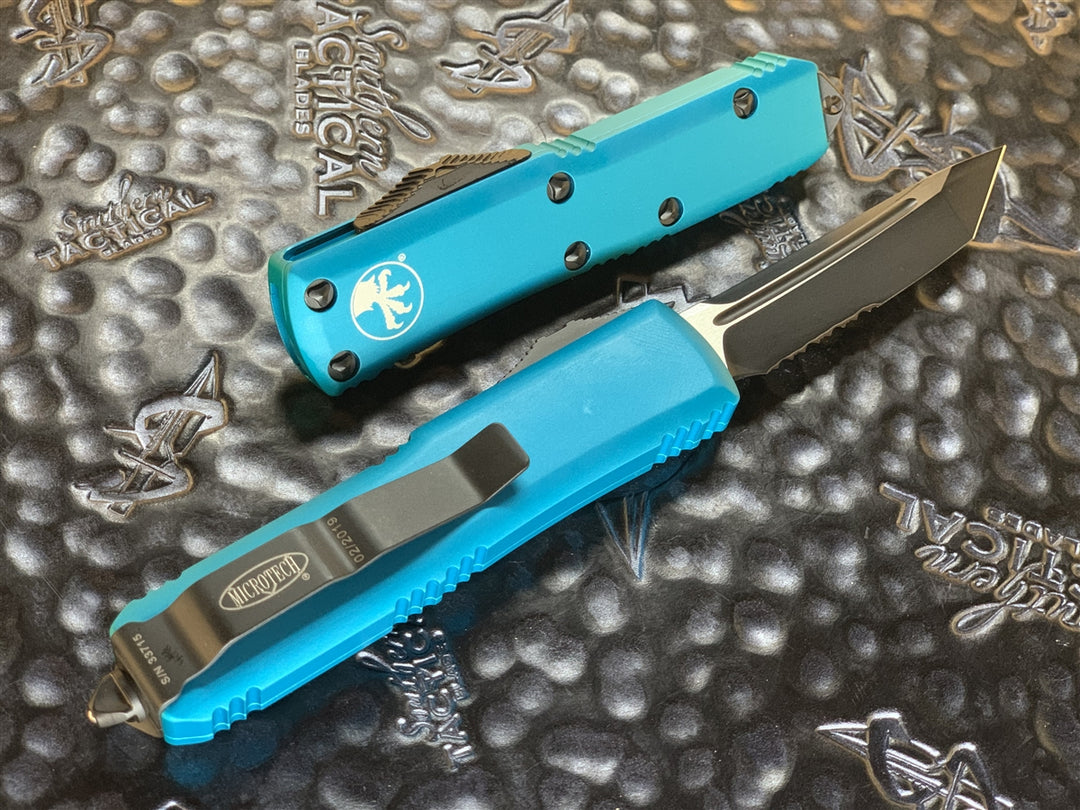 Microtech UTX85 Tanto Part Serrated Turquoise