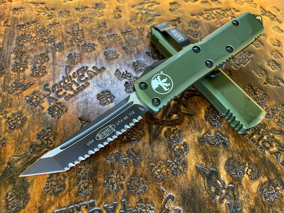 Microtech UTX85 Tanto Full Serrated OD Green – SouthernBlades